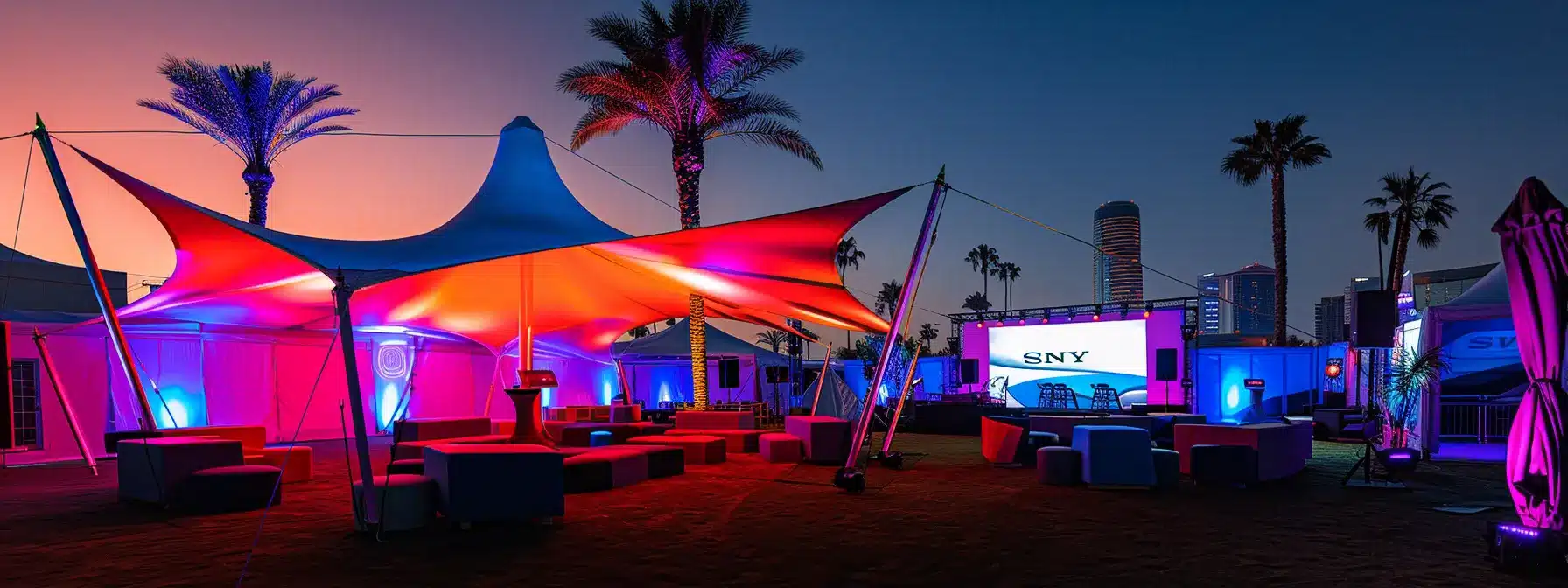004f9824 bfb1 4563 b400 64d7d3a7bdb9.webp - Cui Liu Rentals a sleek, modern tent adorned with a large, vibrant company logo and matching colors, illuminated by strategic lighting and stylish decor for a cohesive brand experience at a corporate event.